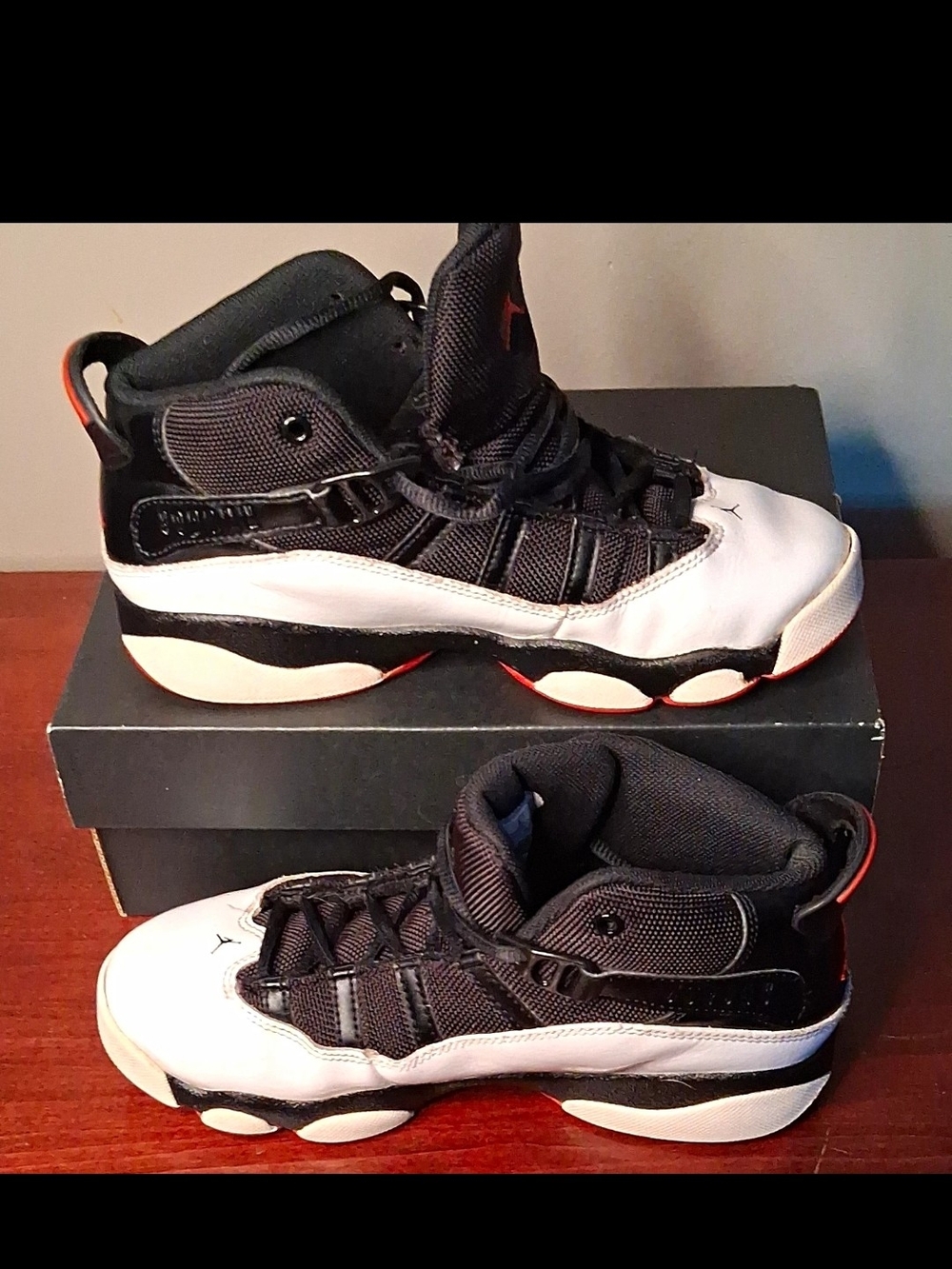 Jordan 6 Rings Sneakers in Black, White and Red Accent-Size 3Y